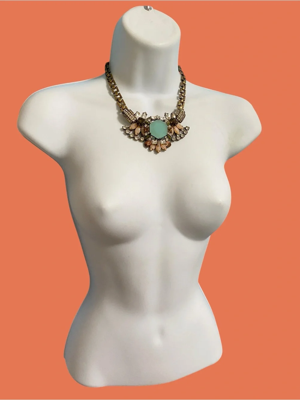 J. CREW Antiqued Gold Chain Floral Crystal Rhinestone Light Blue Necklace